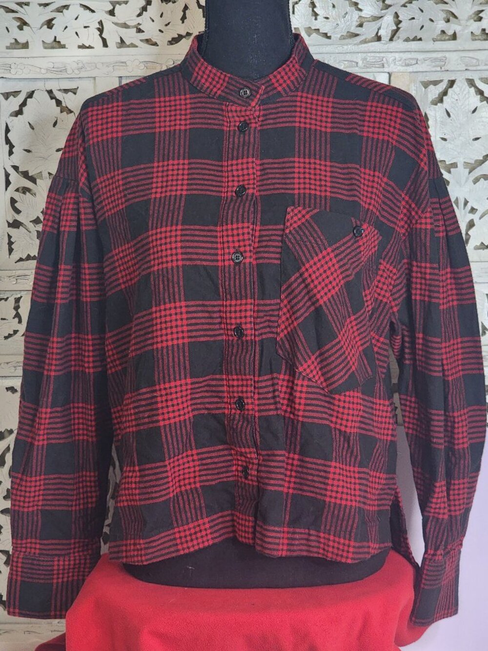 Banana Republic Red Black Plaid Single Pocket Cotton LS Piazza Flannel Top Sz M